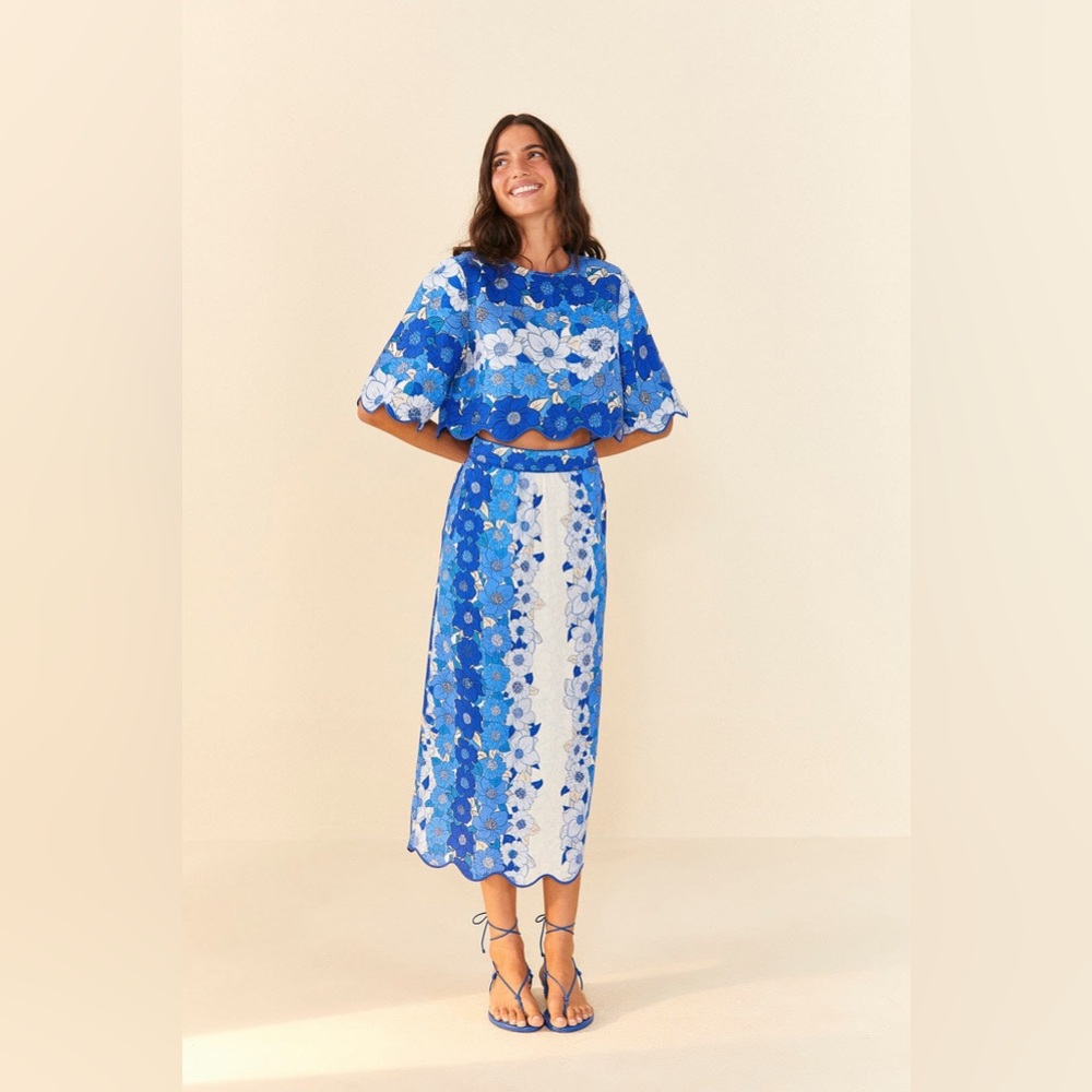 NWT Farm Rio Blue Flower Stripes crop top and midi skirt.